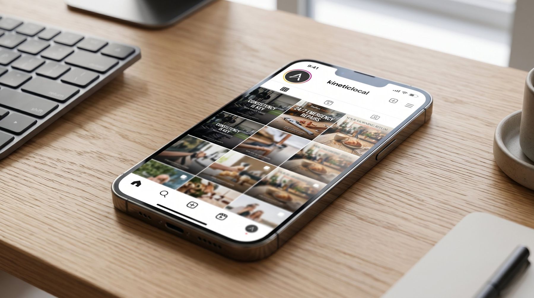 A phone showing an Instagram feed of branded posts for a gym, a plumber and a cafe