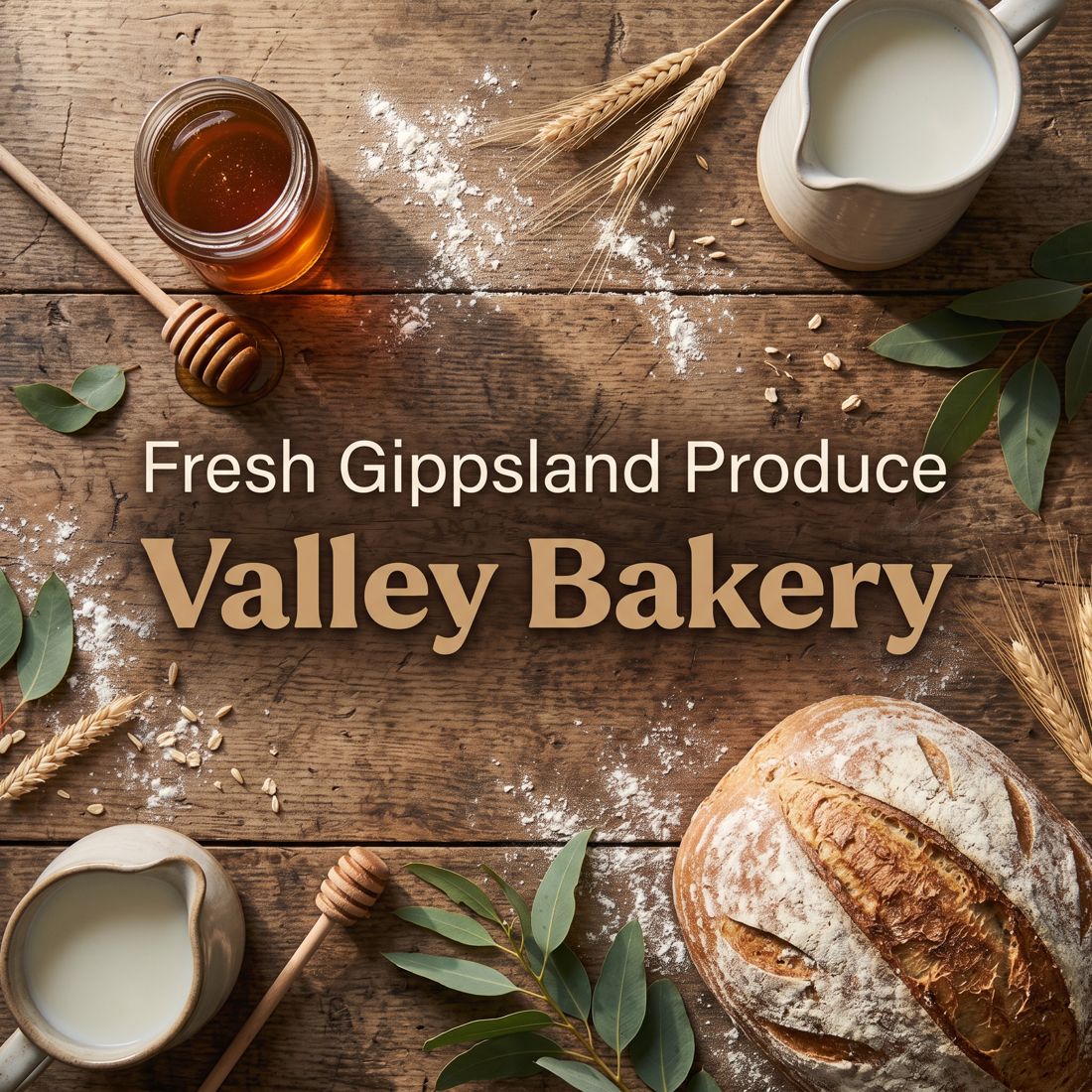 Concept Instagram post for a bakery showing fresh bread, honey and milk on a timber table with the headline Fresh Gippsland Produce