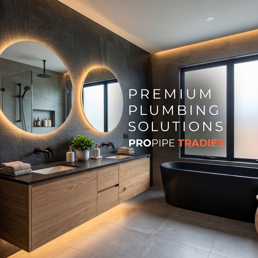 Concept Instagram post for a plumbing business showing a modern bathroom with the headline Premium Plumbing Solutions